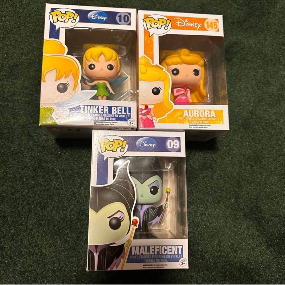 Funko Pop Series 1 Vaulted Disney Set — Tinker Bell #12, Aurora #21, Maleficent